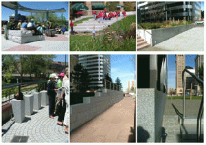 Flamed Pavers, Bench, Planter, kerb & Rock Face Bench Wall